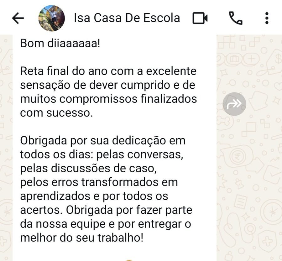Feedback da Casa de Escola agradecendo a dedicação e os aprendizados da assessoria